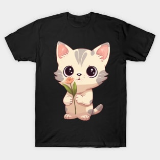 Cute Kitten with Flower Illustration T-Shirt